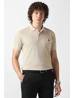 Van Heusen - Men Beige Textured Polo Neck T-shirt