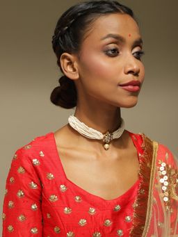 Ruby Raang Studio - Gold-Plated White & Green Brass Kundan & Pearls Choker Necklace