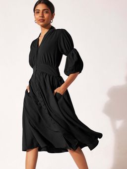 The Label Life - Black Puff Sleeve Midi Dress