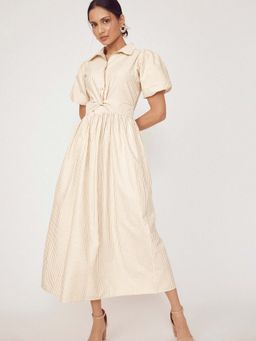 The Label Life - Beige Striped Front Twist Midi Dress (XS)