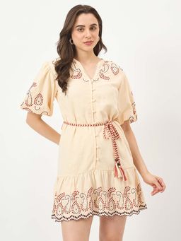 Madame - Beige Viscose Cotton Linen Blend Dress With Belt