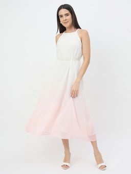 Madame - Off White And Peach Flared Dress With Belt