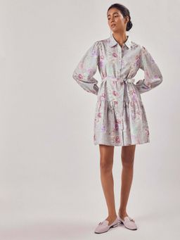 The Label Life - Grey Floral Print Shirt Dress with Belt
