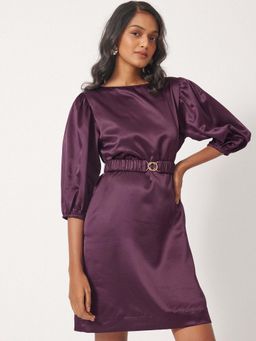 The Label Life - Plum Satin Balloon Sleeve Dress
