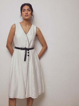 The Label Life - White Contrast Piping Dress With Belt