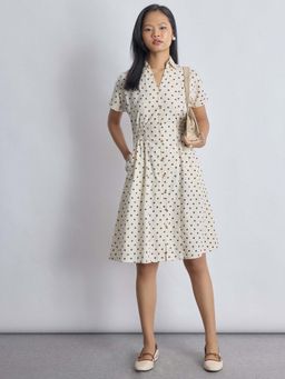 The Label Life - Cream and Blue Polka Knee Length Dress