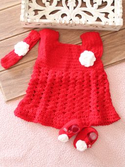 Woonie - Girls Red Acrylic Dress and Headband with Pair of Booties
