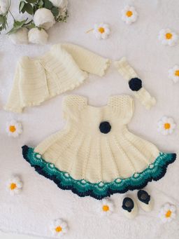 Woonie - Girls Cream Acrylic Dress, Shrug and Headband with Pair of Booties
