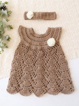 Woonie - Girls Beige Acrylic Dress with Headband