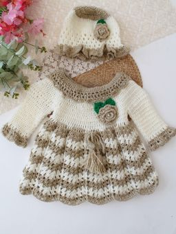 Woonie - Girls Beige Acrylic Dress with Cap