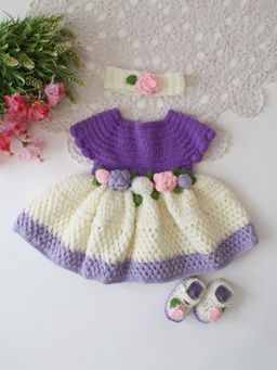 Woonie - Girls Purple Acrylic Dress and Headband with Pair of Booties