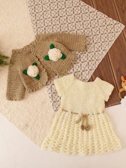 Woonie - Girls Cream Acrylic Dress with Shrug