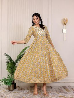 GULAB CHAND TRENDS - Mustard Gold Printed Anarkali Midi Dress