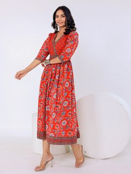 GULAB CHAND TRENDS - Red Hand Block Printed Midi Dress