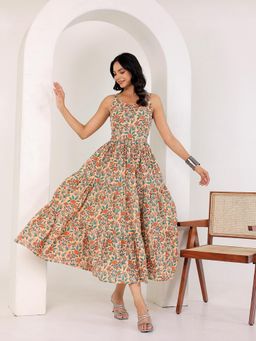 GULAB CHAND TRENDS - Orange Shoulder Strap Floral Smocked Detail Cotton Tiered Midi Dress