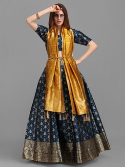 JATRIQQ - Navy Blue & Yellow Jacquard Semi-Stitched Lehenga, Unstitched Blouse, Dupatta (Set of 3)