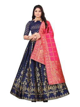 JATRIQQ - Navy Blue & Pink Jacquard Semi-Stitched Lehenga, Unstitched Blouse, Dupatta (Set of 3)