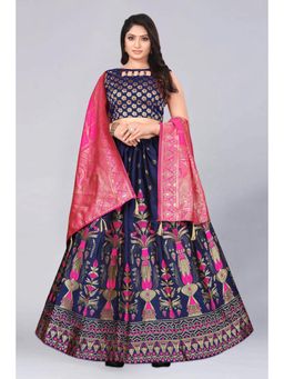 JATRIQQ - Navy Blue & Pink Jacquard Semi-Stitched Lehenga, Unstitched Blouse, Dupatta (Set of 3)