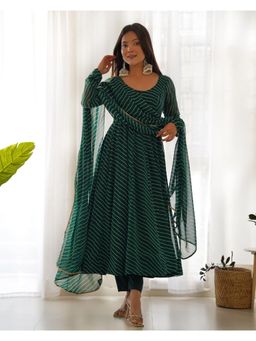 JATRIQQ - Women Green Soft Faux Georgette Stripes Flair Anarkali with Pant & Dupatta (Set of 3)