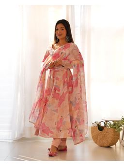 JATRIQQ - Women Peach Soft Faux Georgette Floral Flair Anarkali, Pant with Dupatta (Set of 3)