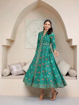 GULAB CHAND TRENDS - Green Cotton Hand Block Printed Ethnic Anarkali Midi Dress