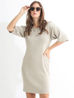RAREISM - Shimknit Primary Beige Cotton Mini Dress
