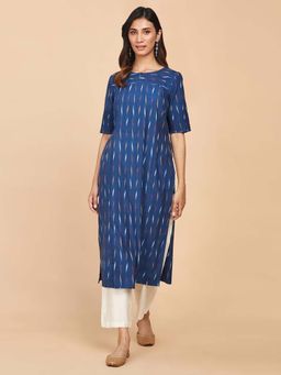 Fabindia - Blue Cotton Ikat Slim Fit Long Kurta