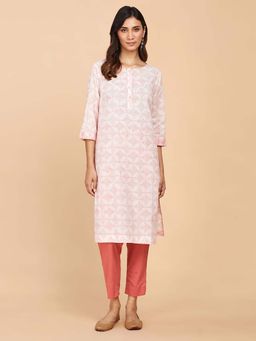 Fabindia - White Printed Knee Length Kurta