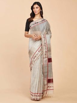 Fabindia - Beige Cotton Silk Hand Block Printed Saree without Blouse
