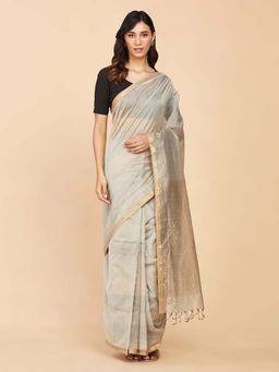 Fabindia - Grey Cotton Silk Maheshwari Woven Saree without Blouse