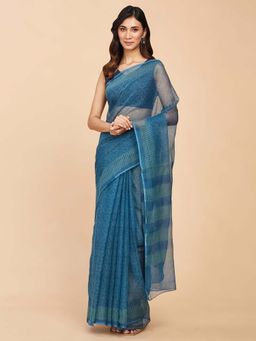 Fabindia - Blue Cotton Silk Hand Block Printed Saree without Blouse