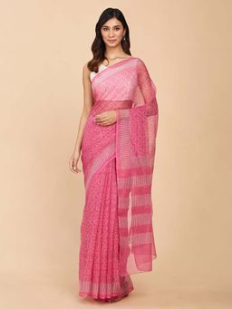 Fabindia - Pink Cotton Silk Hand Block Printed Saree without Blouse