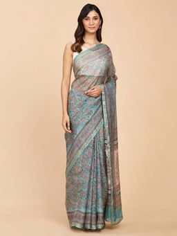 Fabindia - Blue Silk Blend Hand Block Printed Saree without Blouse