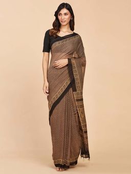 Fabindia - Brown Cotton Silk Ajrakh Printed Saree without Blouse