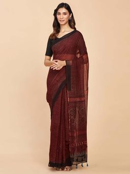 Fabindia - Maroon Cotton Silk Ajrakh Printed Saree without Blouse