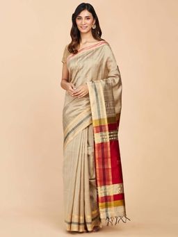 Fabindia - Beige Silk Woven Saree without Blouse