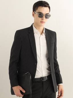 Hancock - Men Black Striped Single-Breasted Formal Blazer