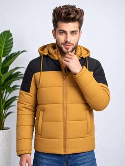 Vero Amore - Men Mustard Colorblocked Hooded Quilted Winter Jacket