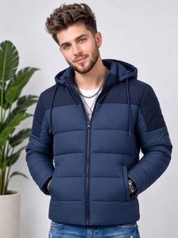 Vero Amore - Men Navy Blue Colorblocked Hooded Quilted Winter Jacket
