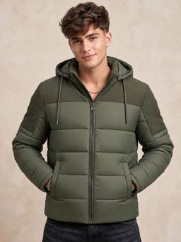 Vero Amore - Men Olive Colorblocked Hooded Quilted Winter Jacket