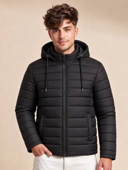Vero Amore - Men Black Solid Hooded Quilted Winter Jacket