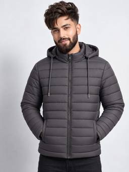 Vero Amore - Men Grey Solid Hooded Quilted Winter Jacket