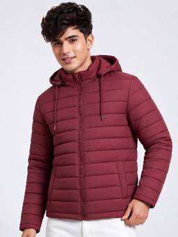 Vero Amore - Men Maroon Solid Hooded Quilted Winter Jacket
