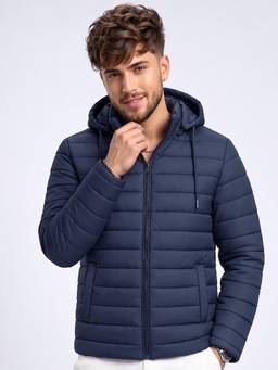 Vero Amore - Men Navy Blue Solid Hooded Quilted Winter Jacket