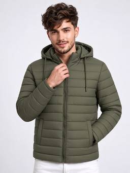 Vero Amore - Men Olive Solid Hooded Quilted Winter Jacket