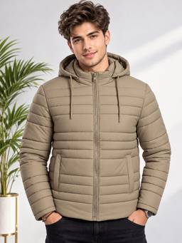 Vero Amore - Men Beige Solid Hooded Quilted Winter Jacket