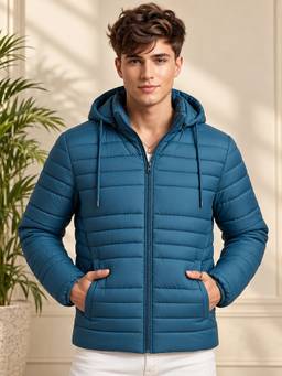 Vero Amore - Men Navy Blue Solid Hooded Quilted Winter Jacket