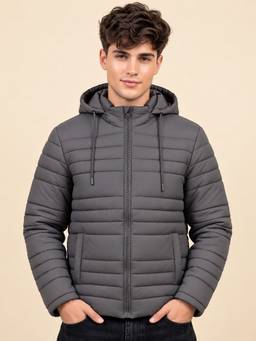 Vero Amore - Men Grey Solid Hooded Quilted Winter Jacket