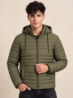 Vero Amore - Men Olive Solid Hooded Quilted Winter Jacket