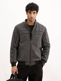 WROGN - Grey Striped Regular Fit Textured Zipper Jacket